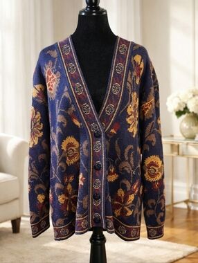 Vtg 90s Rena Rowan Saville Floral Tapestry Knit Cardigan M